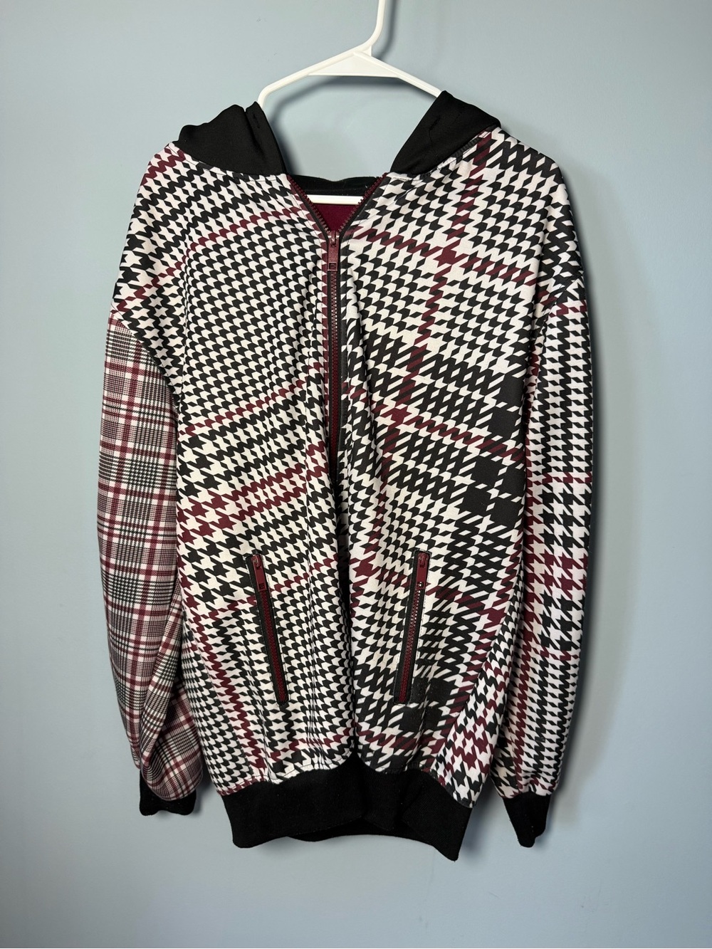 Men's Hooded Zip Sweater in Black, White & Burgundy Plaid